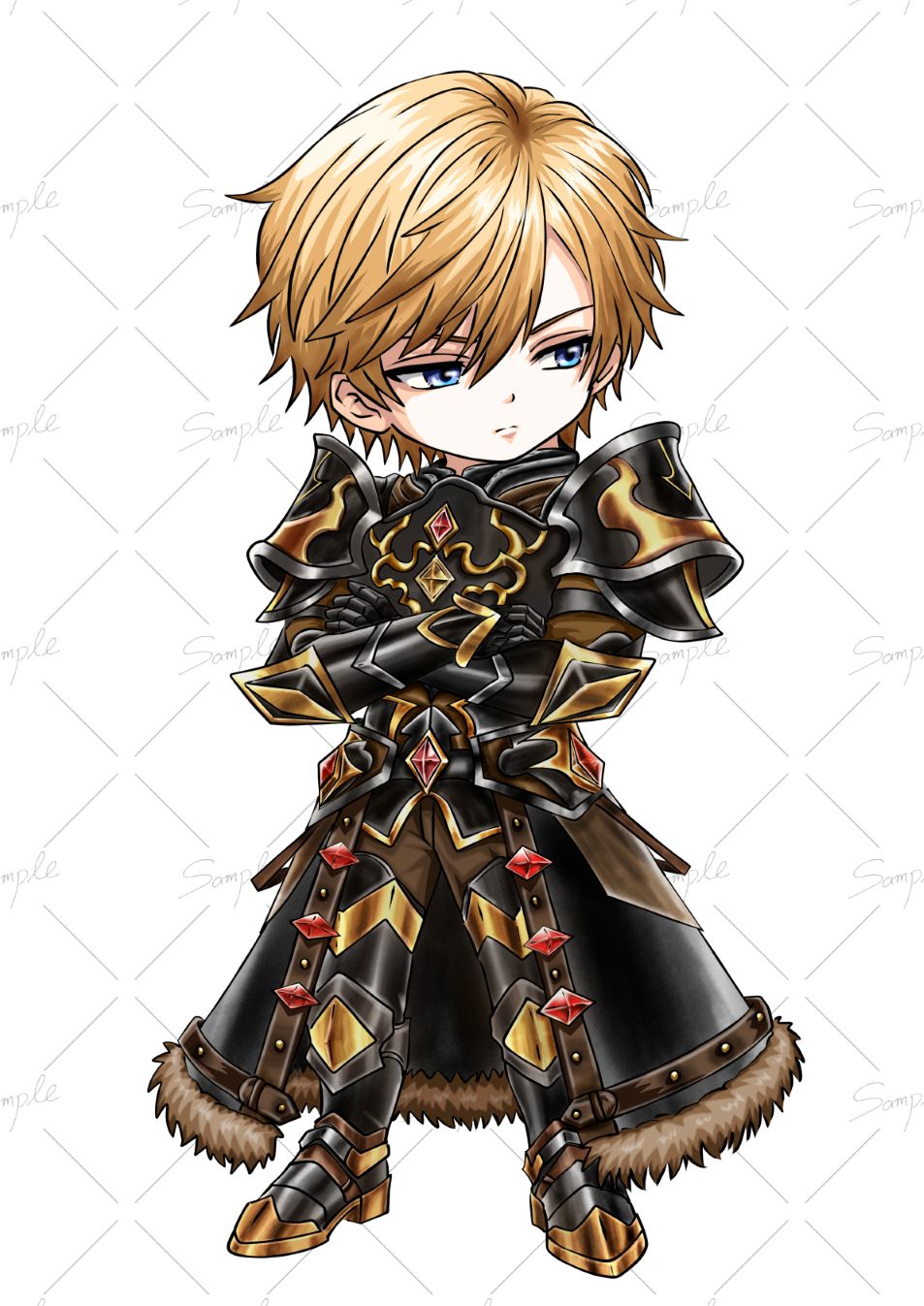 黒と金の鎧を身に着け、腕を組む金髪のSDキャラクター（ご依頼品）